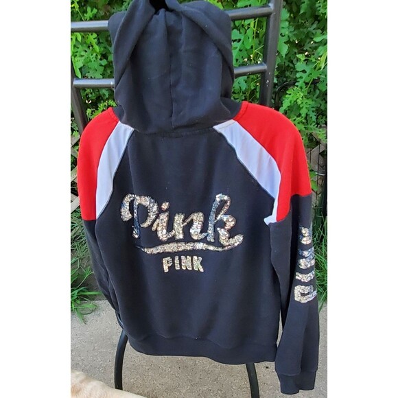 Victoria's Secret Pink Sequins Bling Full Zip Hoodie Black Red White Size Large - Picture 4 of 5